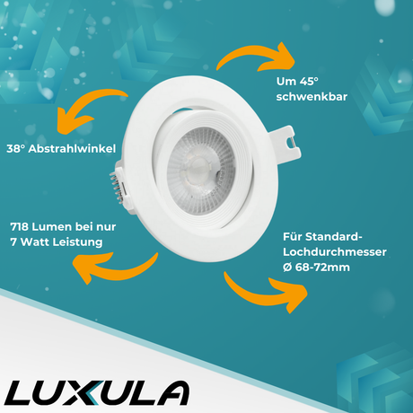 LED CCT Downlight schwenkbar, 7W, 718lm, 38°, IP44, 3000K-4000K-6000K einstellbar