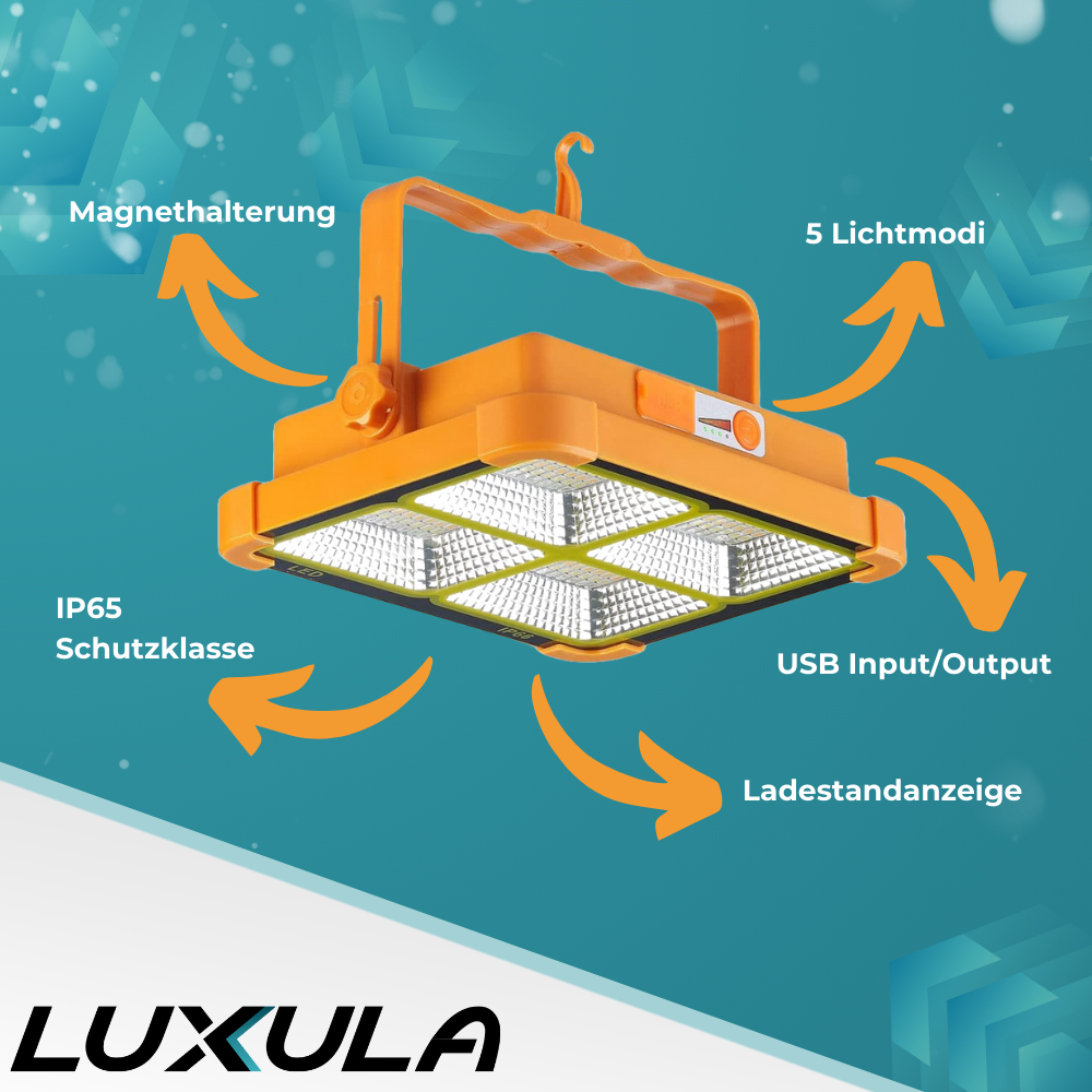 Solar Baustrahler mit Akku, CCT, 6 Std.Leuchtzeit, USB In- & Output, IP65, Magnet- & Hängefunktion | Lichttechnik24.de.