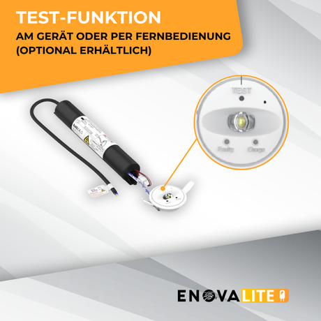 LED-Notstrom Downlight mit Fernbedienung, Fluchtwegleuchte mit Notstromeinheit, Einbauspot, TEST-Funktion.
