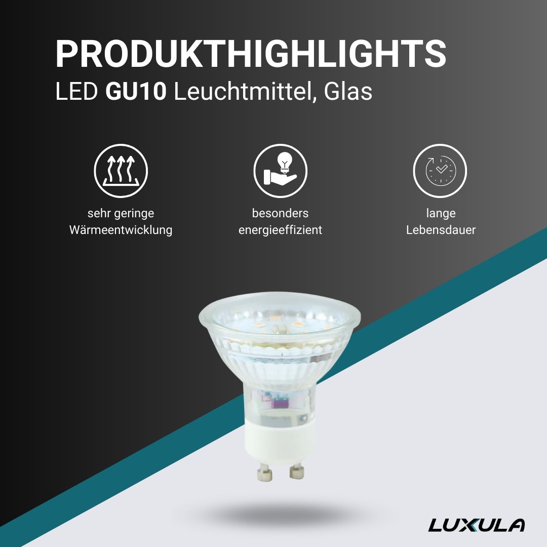 10er Pack LED Leuchtmittel GU10, 5W, 441lm, 2700K, 38°, Glasgehäuse  Lichttechnik24.de.
