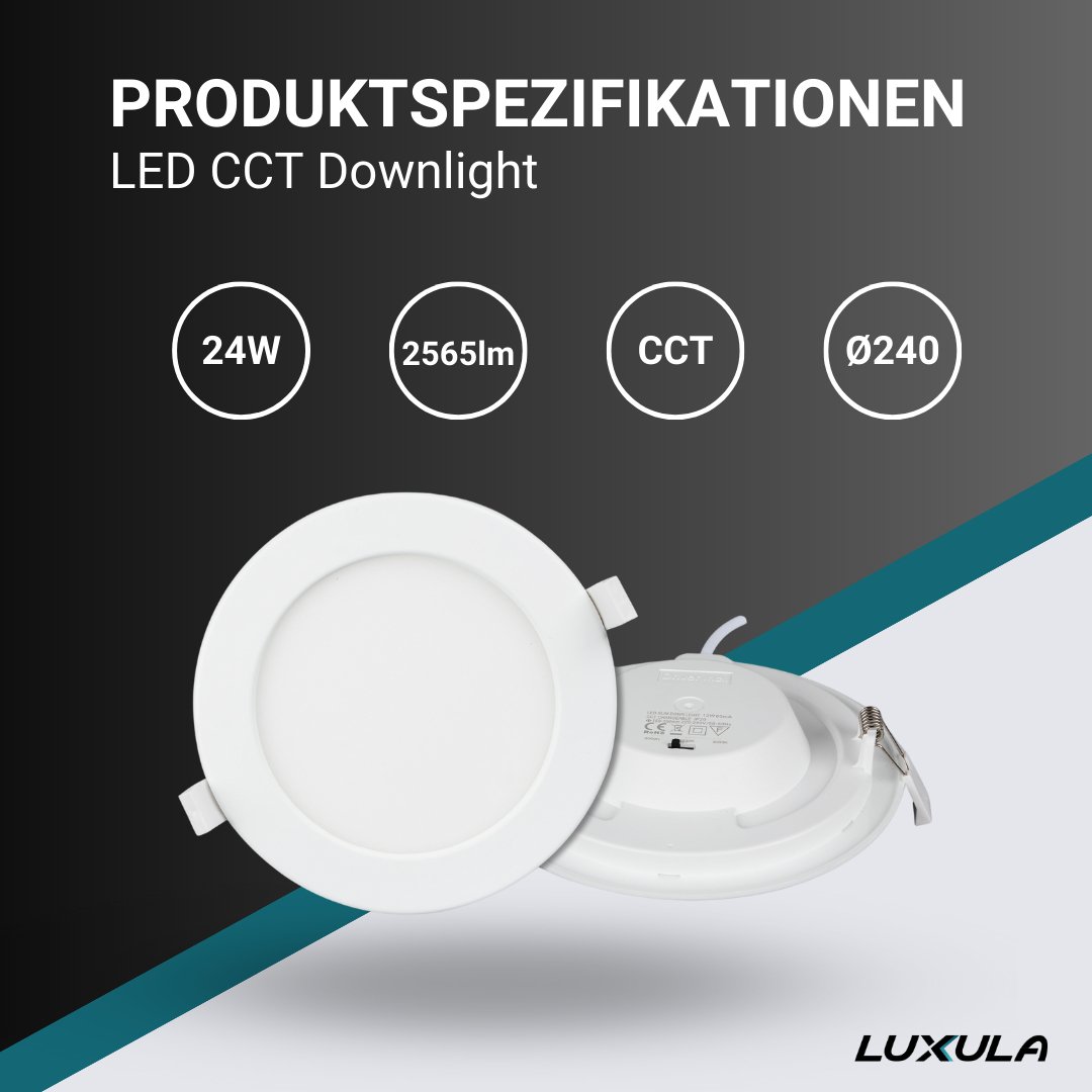 6er Set LED CCT Downlight, 24W, 2565 lm, ø240x32mm, 3000-4000-6000K einstellbar, mit Diffusor, rund  Lichttechnik24.de.