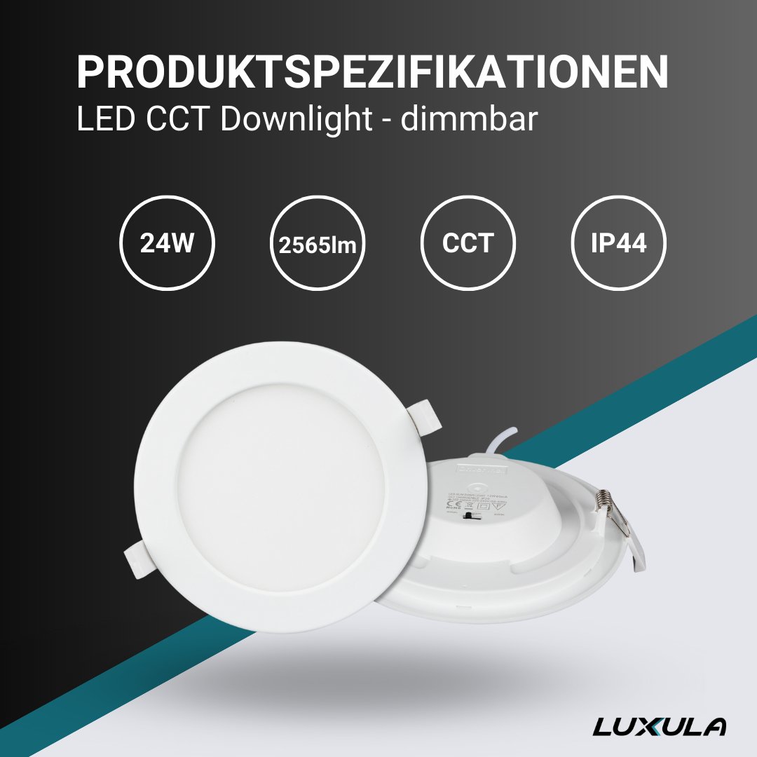 6er Set LED CCT Downlight, dimmbar, 24W, 2565 lm, ø240x32mm, 3000-4000-6000K einstellbar, mit Diffusor, IP44, rund  Lichttechnik24.de.