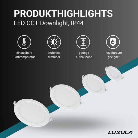 6er Set LED CCT Downlight, dimmbar, 6W, 525 lm, ø115x32mm, 3000-4000-6000K einstellbar, mit Diffusor, IP44, rund  Lichttechnik24.de.