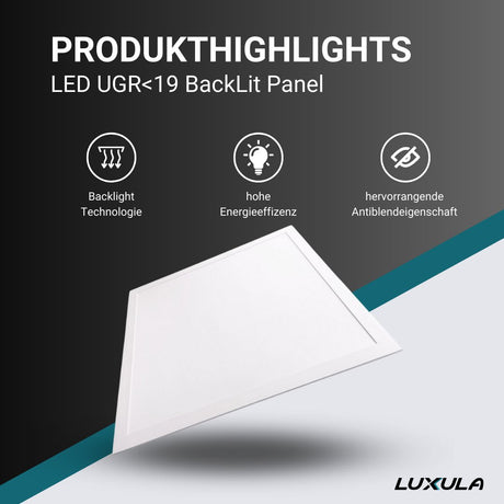 LED BackLit Panel UGR<19, 62x62, 40W, 4400 lm, 3000K, 90°  Lichttechnik24.de.