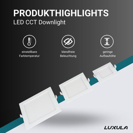 LED CCT Downlight, 12W, 1190 lm, 165x32mm, 3000-4000-6000K einstellbar, mit Diffusor, eckig.