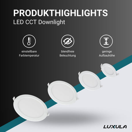 LED CCT Downlight, 12W, 1190 lm, ø170x32mm, 3000-4000-6000K einstellbar, mit Diffusor, rund  Lichttechnik24.de.