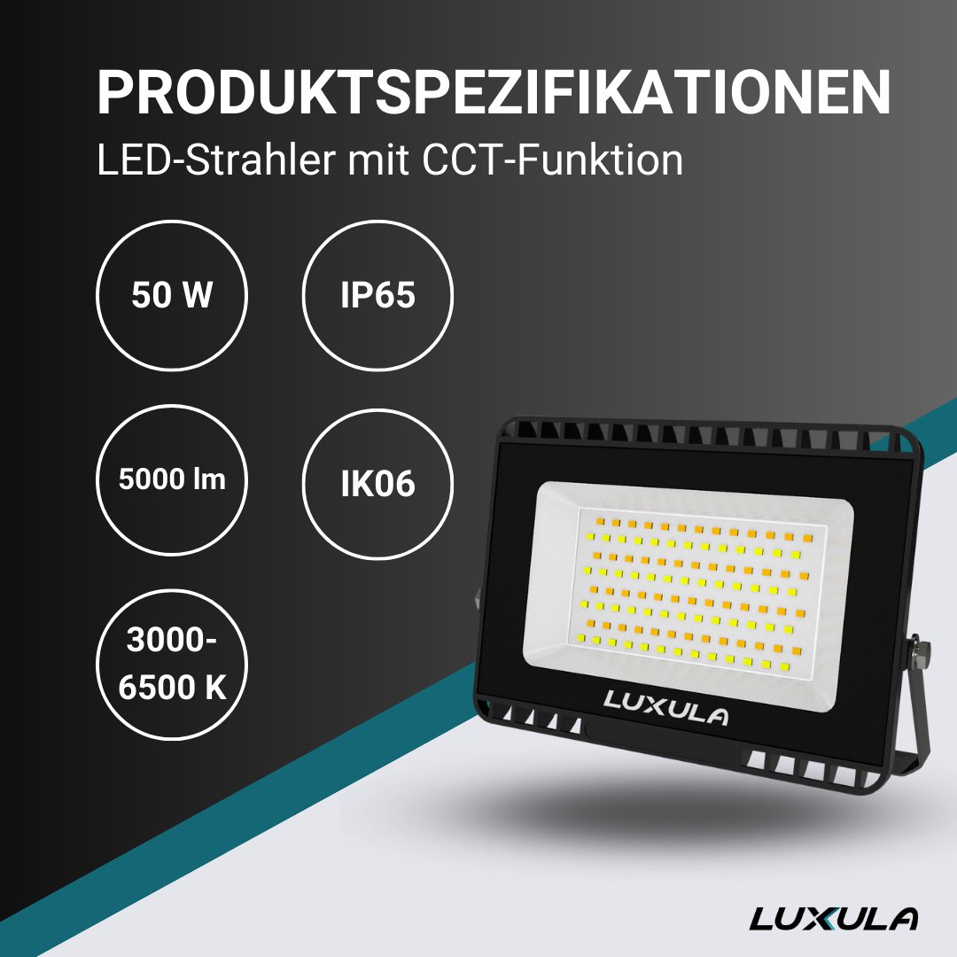 LED CCT Fluter, 50 W, 3000-6500 K (warm-, neutral-, kaltweiß), 5000 lm,  schwarz, IP65 –