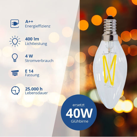 LED Filament Leuchtmittel E14, C35, 4 W, 400 lm, 2700 K, dimmbar.