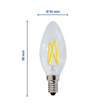 LED Filament Leuchtmittel E14, C35, 4 W, 400 lm, 2700 K, dimmbar.