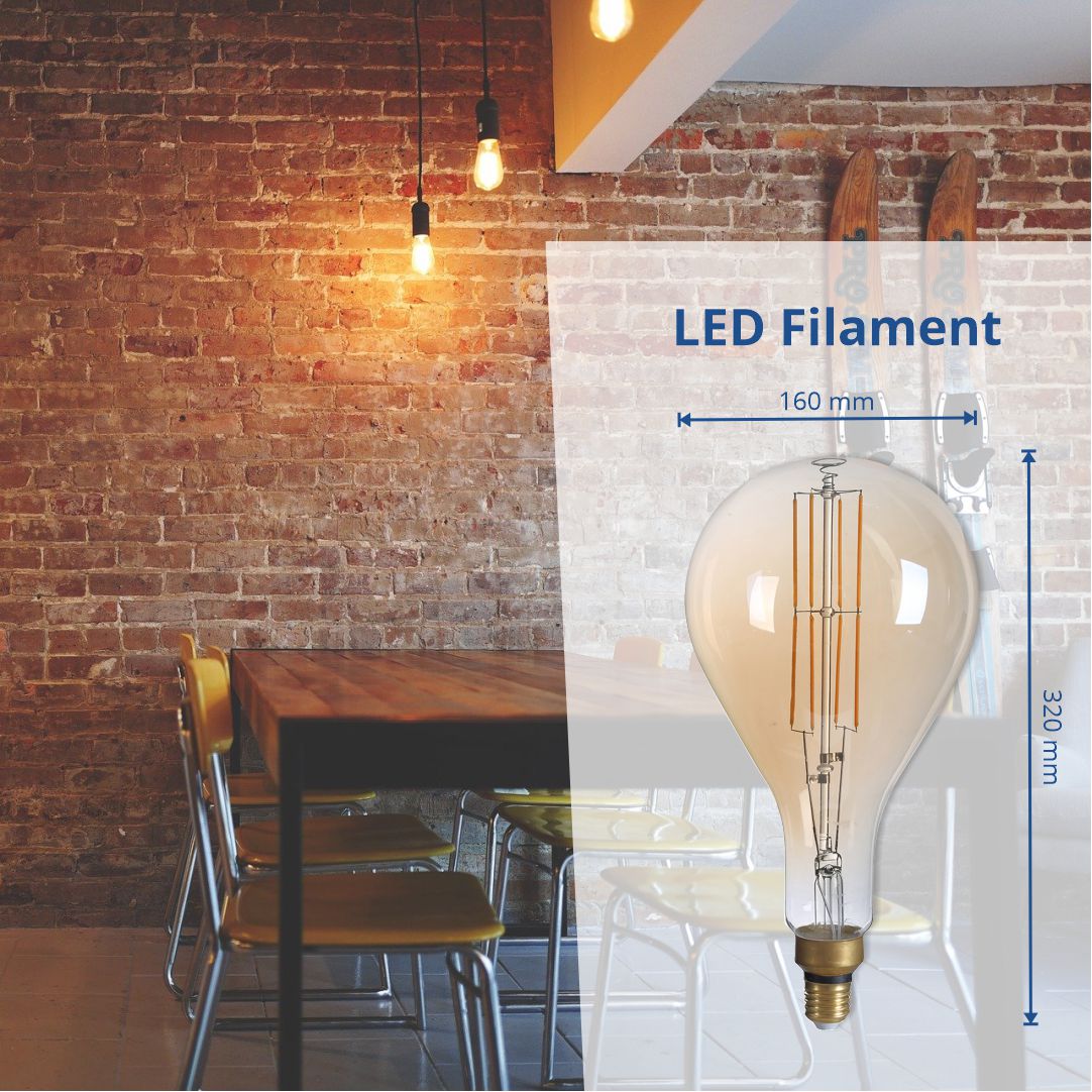 LED Filament Leuchtmittel, Vintage Lampe, PS160, gold, E 27, groß, Ø 160 mm, 8 W, 810 lm, dimmbar  Lichttechnik24.de.