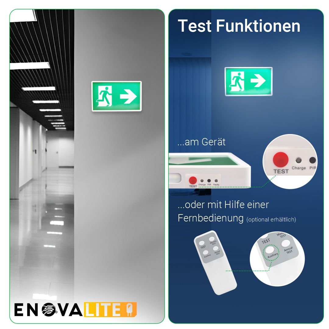 ENOVALITE LED Fluchtwegleuchte 5in1 - Notleuchte Mit 3h Akku, Test-Funktion & 4 Piktogrammen Für Rettungswege