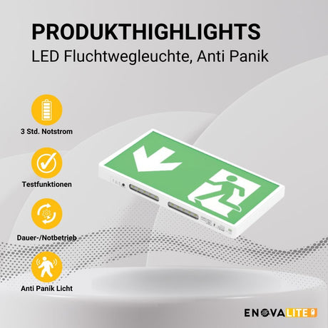 LED-Fluchtwegleuchte, Notausgang mit Notstromeinheit, Anti Panik Licht, TEST-Funktion, Wandmontage  Lichttechnik24.de.