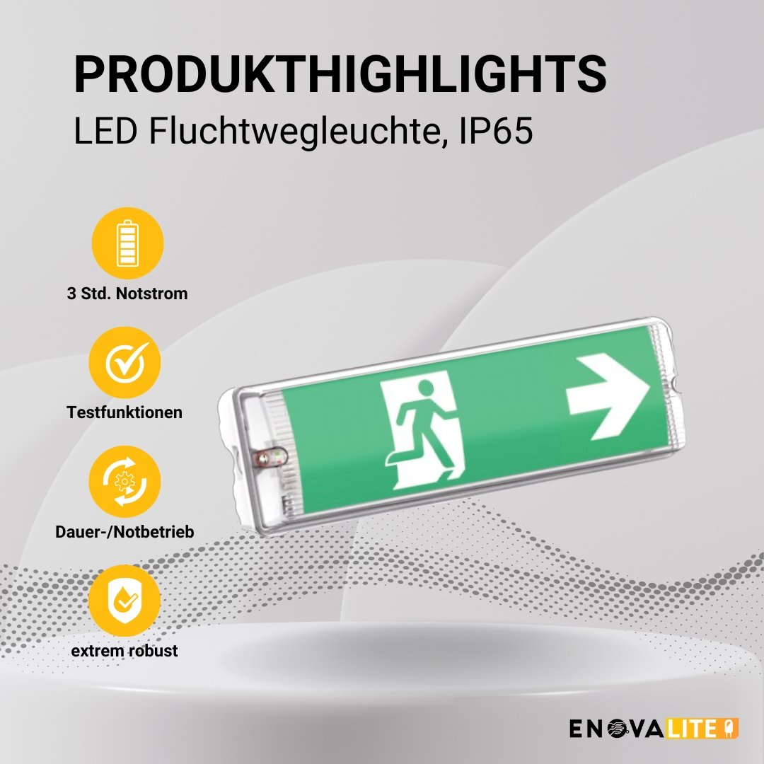 LED-Fluchtwegleuchte, Notausgang mit Notstromeinheit, TEST-Funktion, Wandmontage, IP65 - Lichttechnik24.de