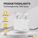 LED-Fluchtwegleuchte Twin-Spot 3W mit Fernbedienung, Notausgang mit Notstromeinheit, TEST-Funktion, Wandmontage, IP65  Lichttechnik24.de.