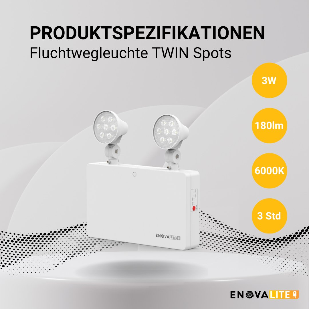 LED-Fluchtwegleuchte Twin-Spot 3W mit Fernbedienung, Notausgang mit Notstromeinheit, TEST-Funktion, Wandmontage, IP65  Lichttechnik24.de.