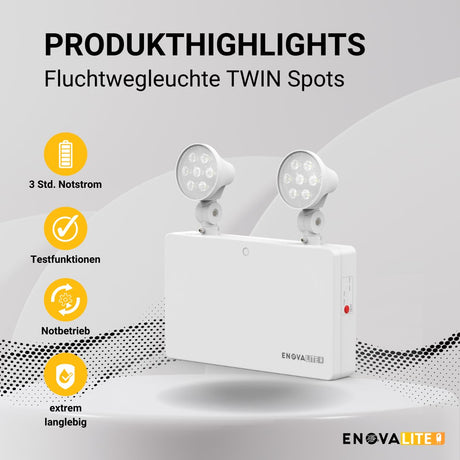 LED-Fluchtwegleuchte Twin-Spot 6W mit Fernbedienung, Notausgang mit Notstromeinheit, TEST-Funktion, Wandmontage, IP65 - Lichttechnik24.de