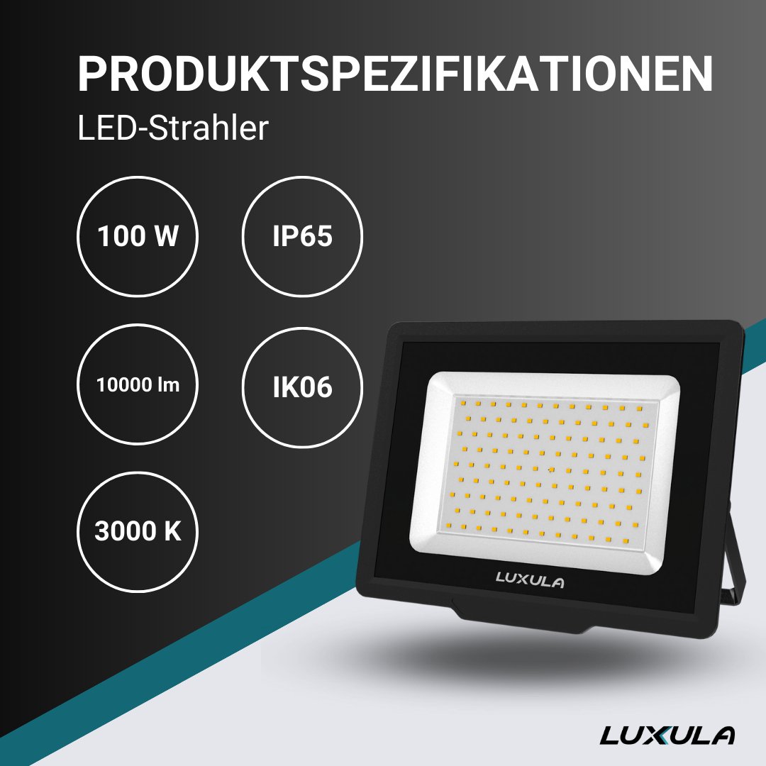 LED-Fluter, 100 W, 3000 K (warmweiß), 10000 lm, schwarz, IP65, TÜV-geprüft  –