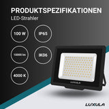 LED-Fluter, 100 W, 4000 K (neutralweiß), 10000 lm, schwarz, IP65, TÜV-geprüft  Lichttechnik24.de.