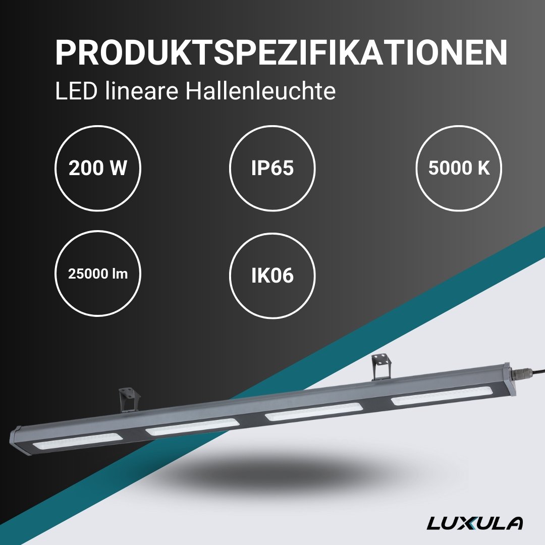 LED-HighBay, linear, 200 W, 25000 lm, 5000 K (neutralweiß), IP65, TÜV-geprüft - Lichttechnik24.de