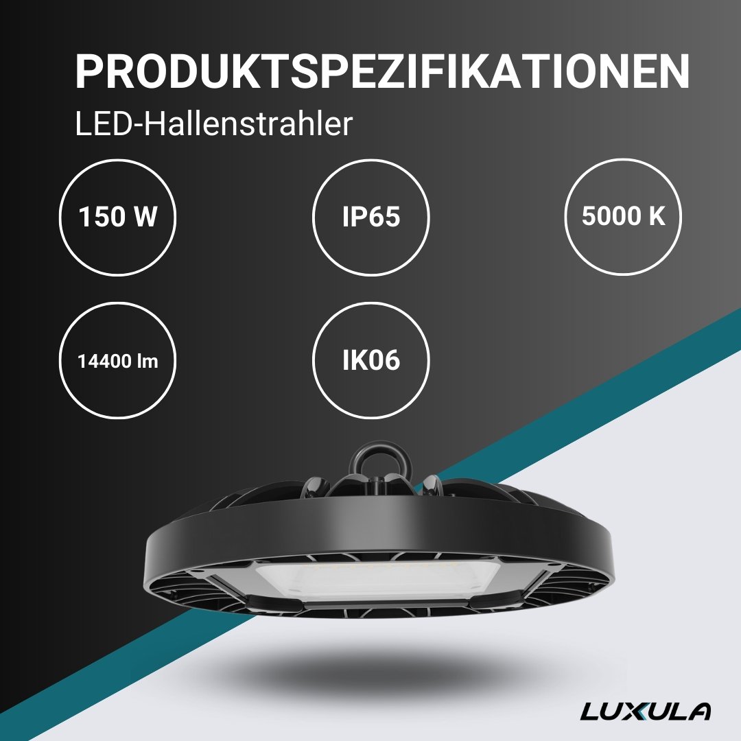 LED-HighBay, UFO, 150 W, 14400 lm, 5000 K (neutralweiß), IP65, TÜV-geprüft  Lichttechnik24.de.