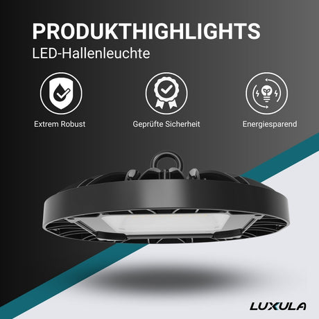 LED-HighBay, UFO, 200 W, 20100 lm, 5000 K (neutralweiß), IP65, TÜV-geprüft  Lichttechnik24.de.