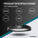 LED-HighBay, UFO, 200 W, 20100 lm, 5000 K (neutralweiß), IP65, TÜV-geprüft  Lichttechnik24.de.