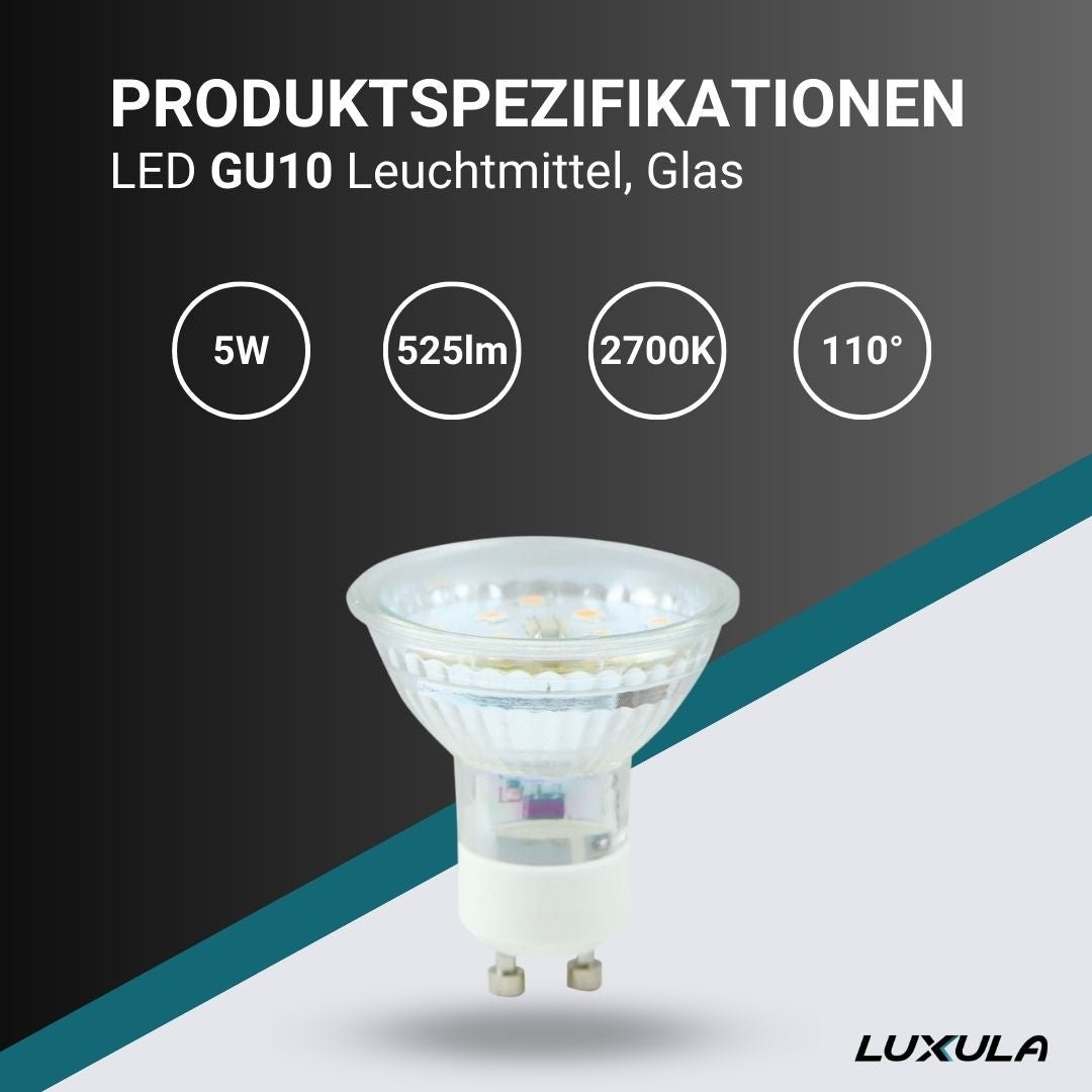 LED Leuchtmittel GU10, 5W, 525lm, 2700K, 110°, Glasgehäuse - Lichttechnik24.de