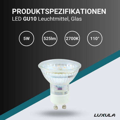 LED Leuchtmittel GU10, MR16, 5W, 525lm, 2700K, 110°, Glasgehäuse.