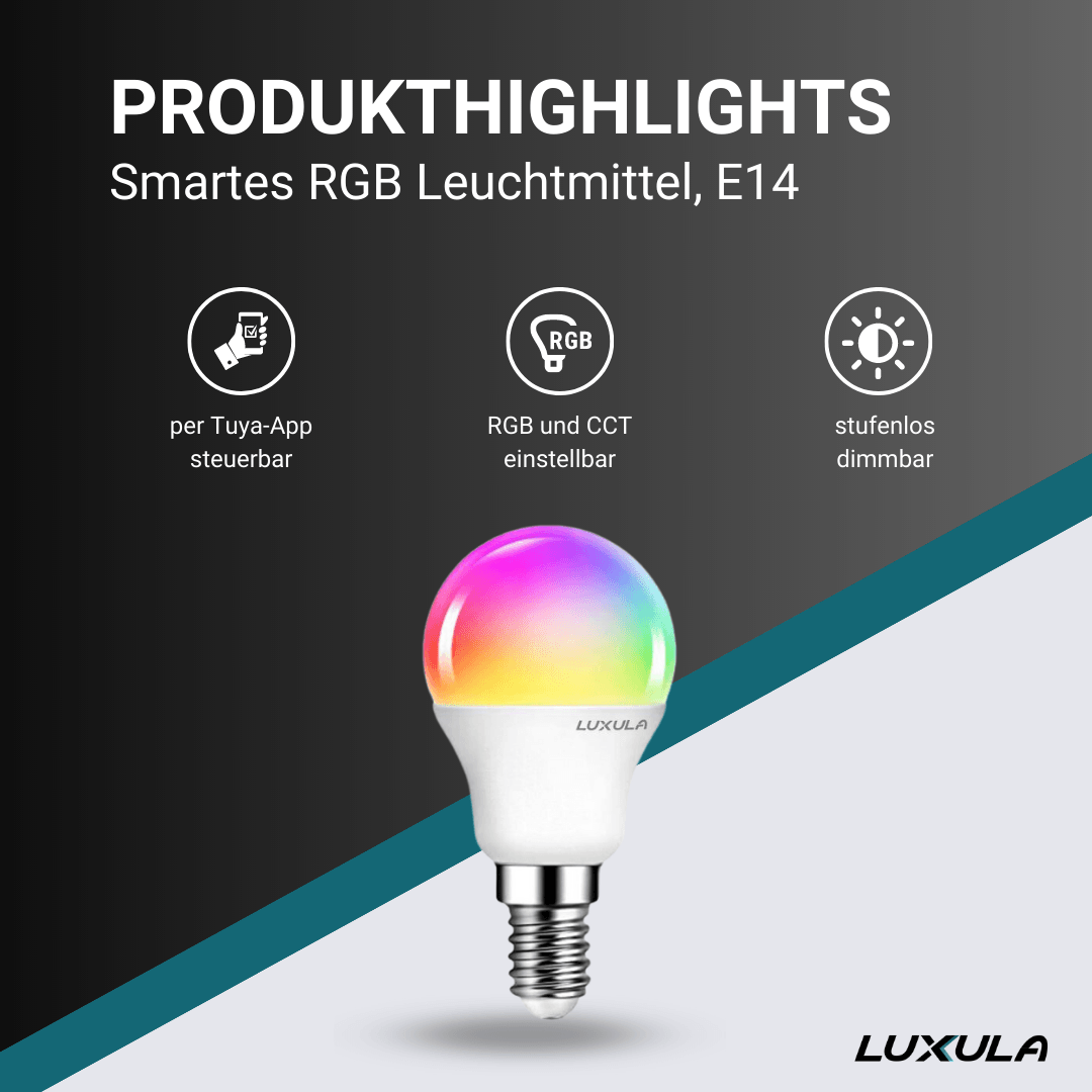 LED RGB+CCT Leuchtmittel, E14, 5W, 454lm, SMART, Tuya App steuerbar,  Minibulb –