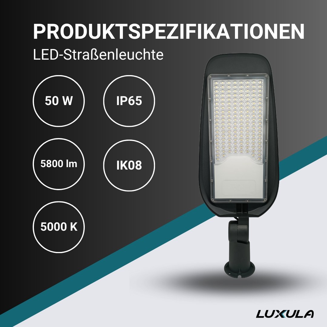 LED-Straßenleuchte, 50 W, 5800 lm, 5000 K (neutralweiß), IP65, TÜV-geprüft  –