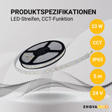 LED-Streifen mit CCT-Funktion, warm-, neutral-, und kaltweißes Licht, 5 Meter Länge, IP65, 60LED/m, 24 V, 10 mm  Lichttechnik24.de.