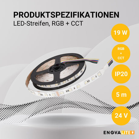 LED-Streifen, RGB und CCT, 5 Meter Länge, 60LED/m, 24 V, 12 mm.