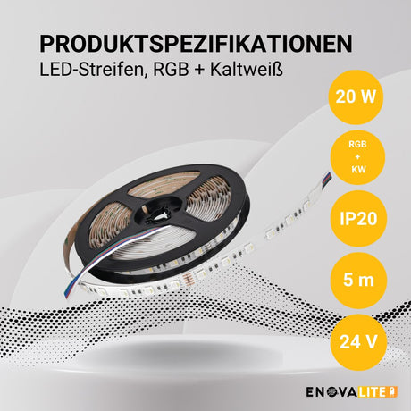 LED-Streifen, RGB und kaltweißes Licht, 5 Meter Länge, 60LED/m, 24 V, 10 mm.