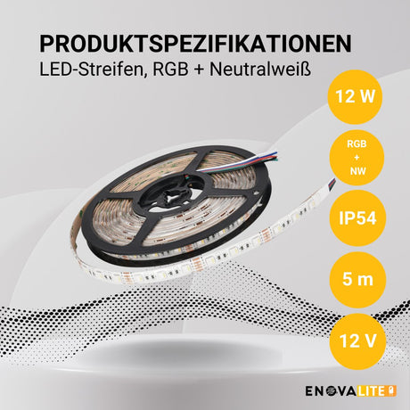 LED-Streifen, RGB und neutralweißes Licht, 5 Meter Länge, IP54, 60LED/m, 12 V, 10 mm.