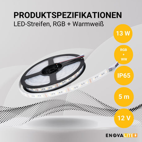 LED-Streifen, RGB und warmweißes Licht, 5 Meter Länge, IP65, 60LED/m, 24 V, 10 mm.