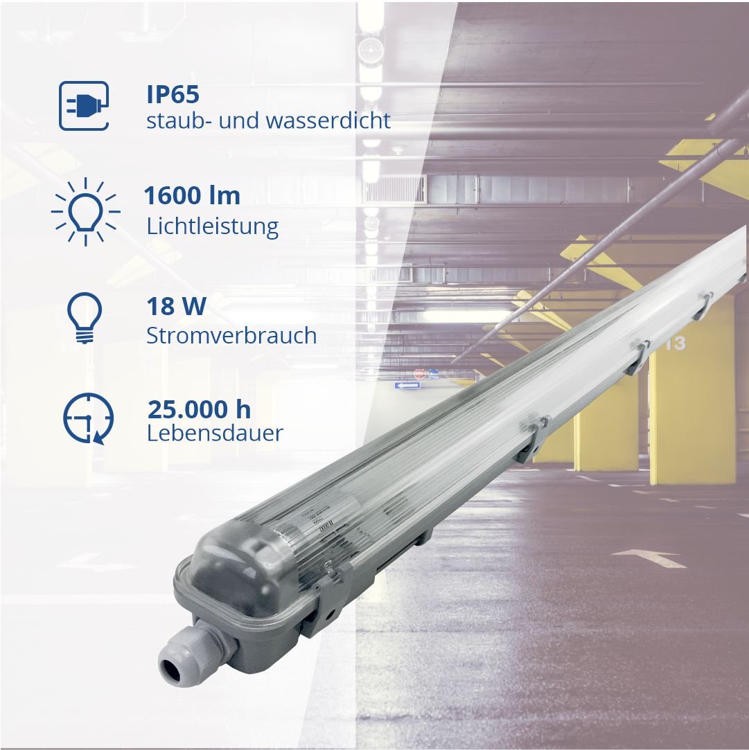 LED-Wannenleuchte, 18 W, 1600 lm, 6000 K, 128,5 cm, IP65, 1 flammig - Lichttechnik24.de