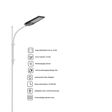 Solar-Straßenleuchte mit PIR Sensor, Parkplatzleuchte 10W PV, 1200lm, 6500K, IP54.