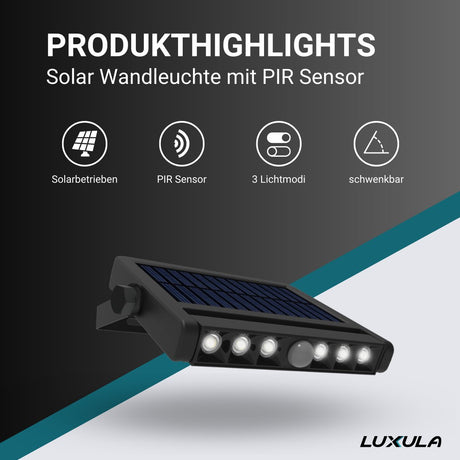 Solar Wandleuchte mit PIR-Sensor, Outdoorleuchte, 5W, 500lm, 6500K, IP54, schwenkbare LED-Lichtleiste  Lichttechnik24.de.